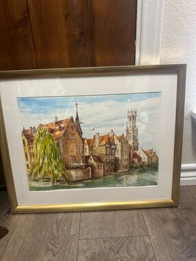 Framed Watercolor Canal Town Print in Blue, Green and Brown